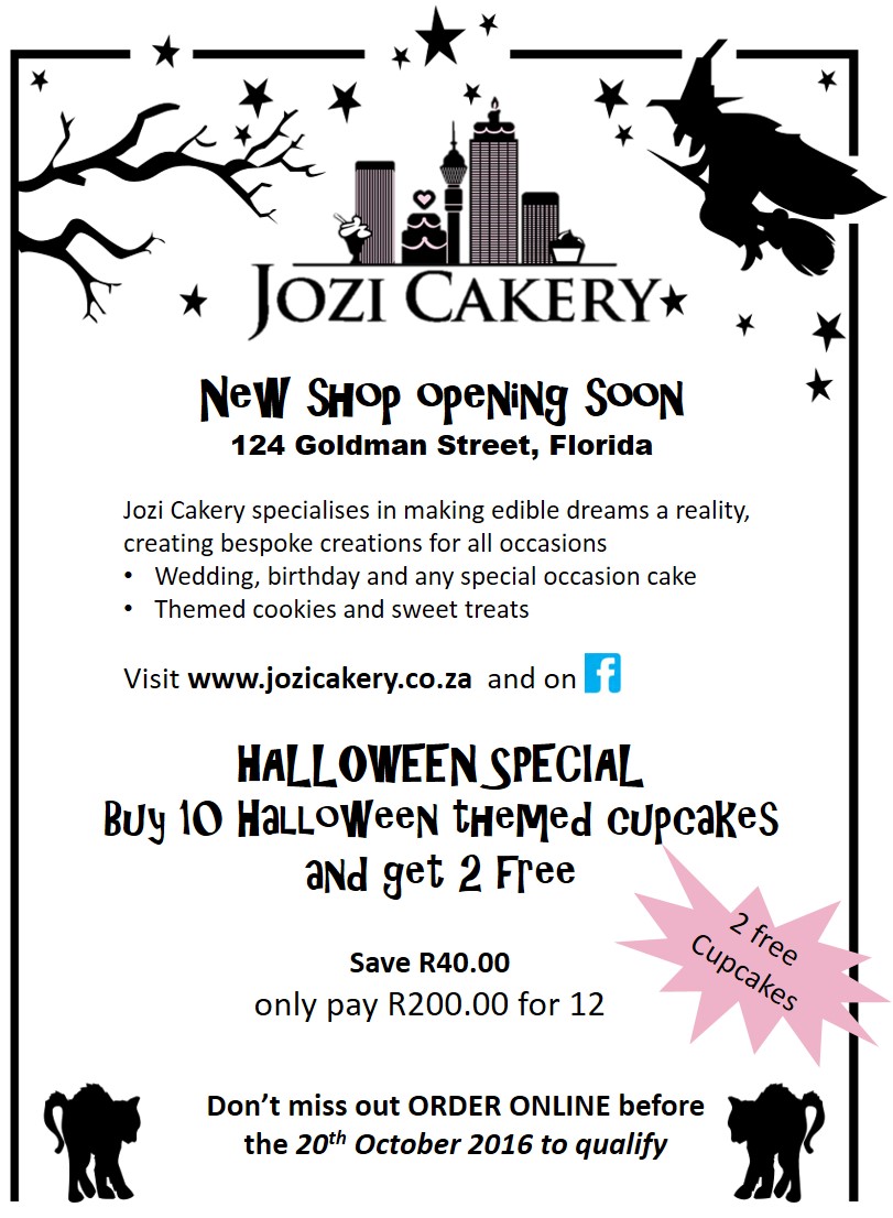 Get 10 Halloween-themed cupcakes and receive 2 FREE! Offer ends 20 October 2016. Contact us to place your order.